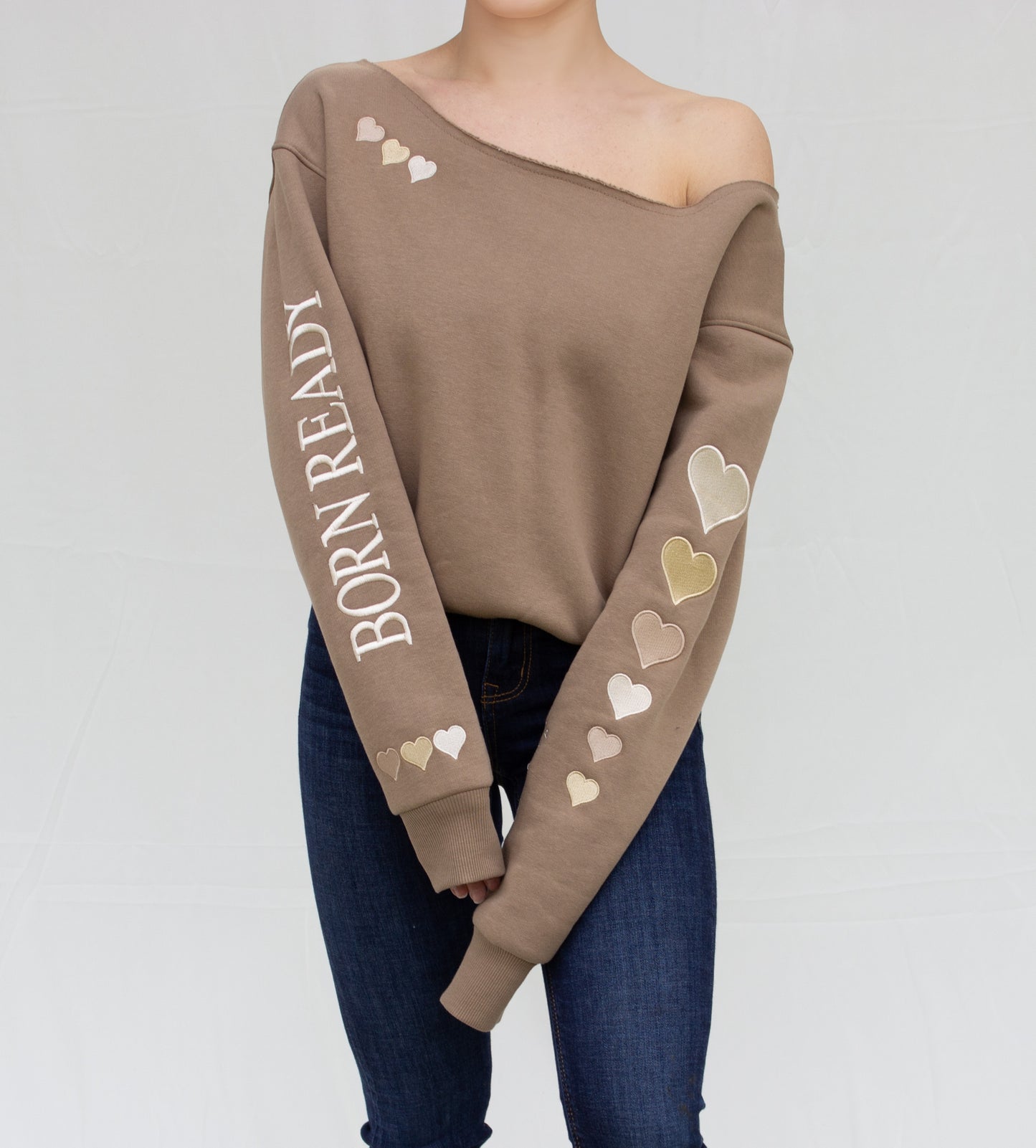 The "BORN READY" Off-the-shoulder Pullover