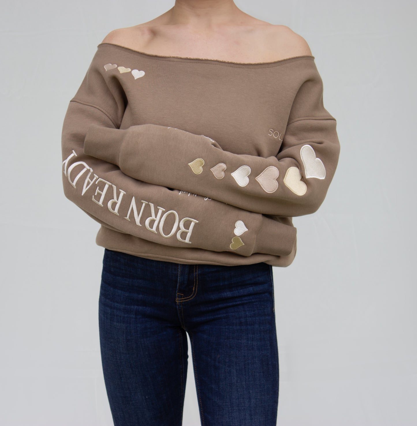 The "BORN READY" Off-the-shoulder Pullover