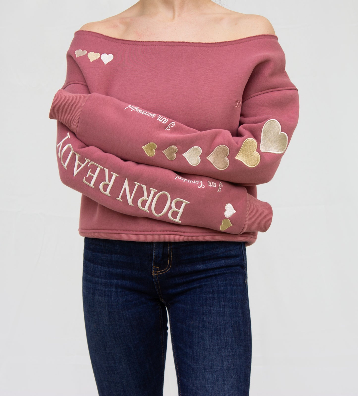 The "BORN READY" Off-the-shoulder Pullover