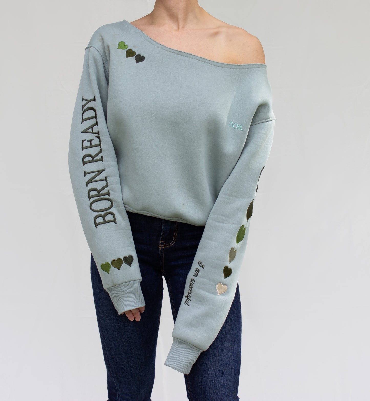 The "BORN READY" Off-the-shoulder Pullover