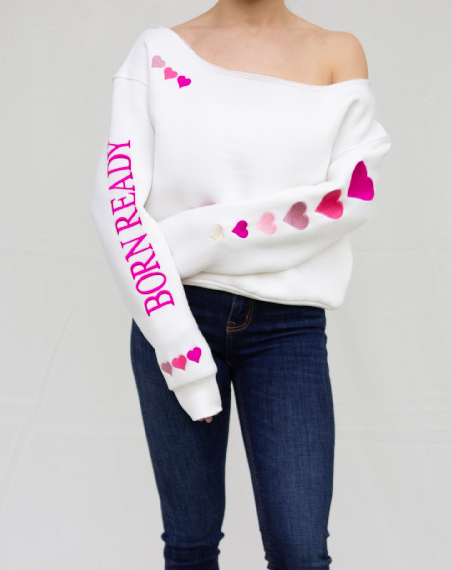 The "BORN READY" Off-the-shoulder Pullover