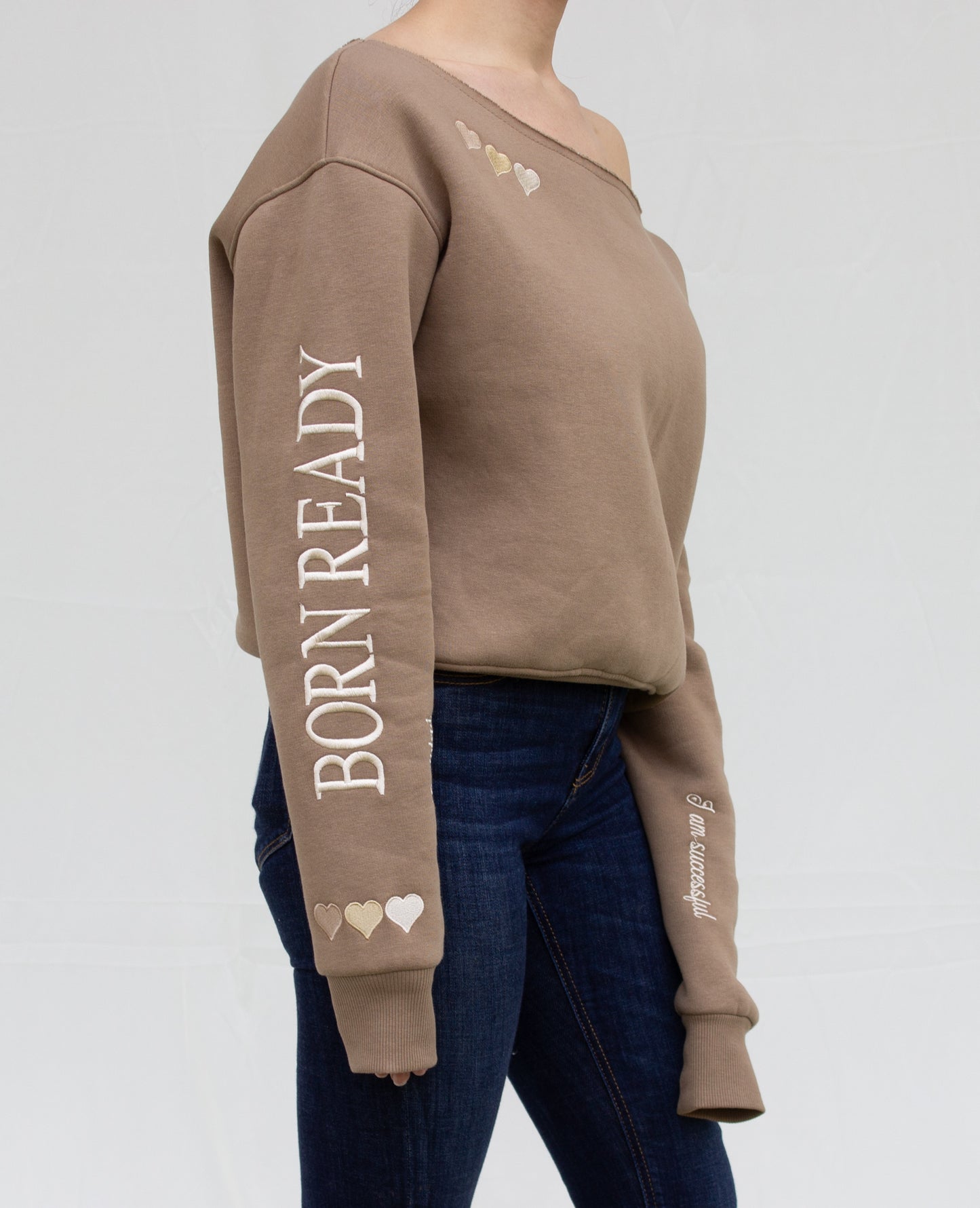 The "BORN READY" Off-the-shoulder Pullover